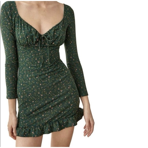 REFORMATION ANJELINE CORIANDER GREEN FLORAL LONG SLEEVE MINI DRESS  XS - Picture 1 of 13